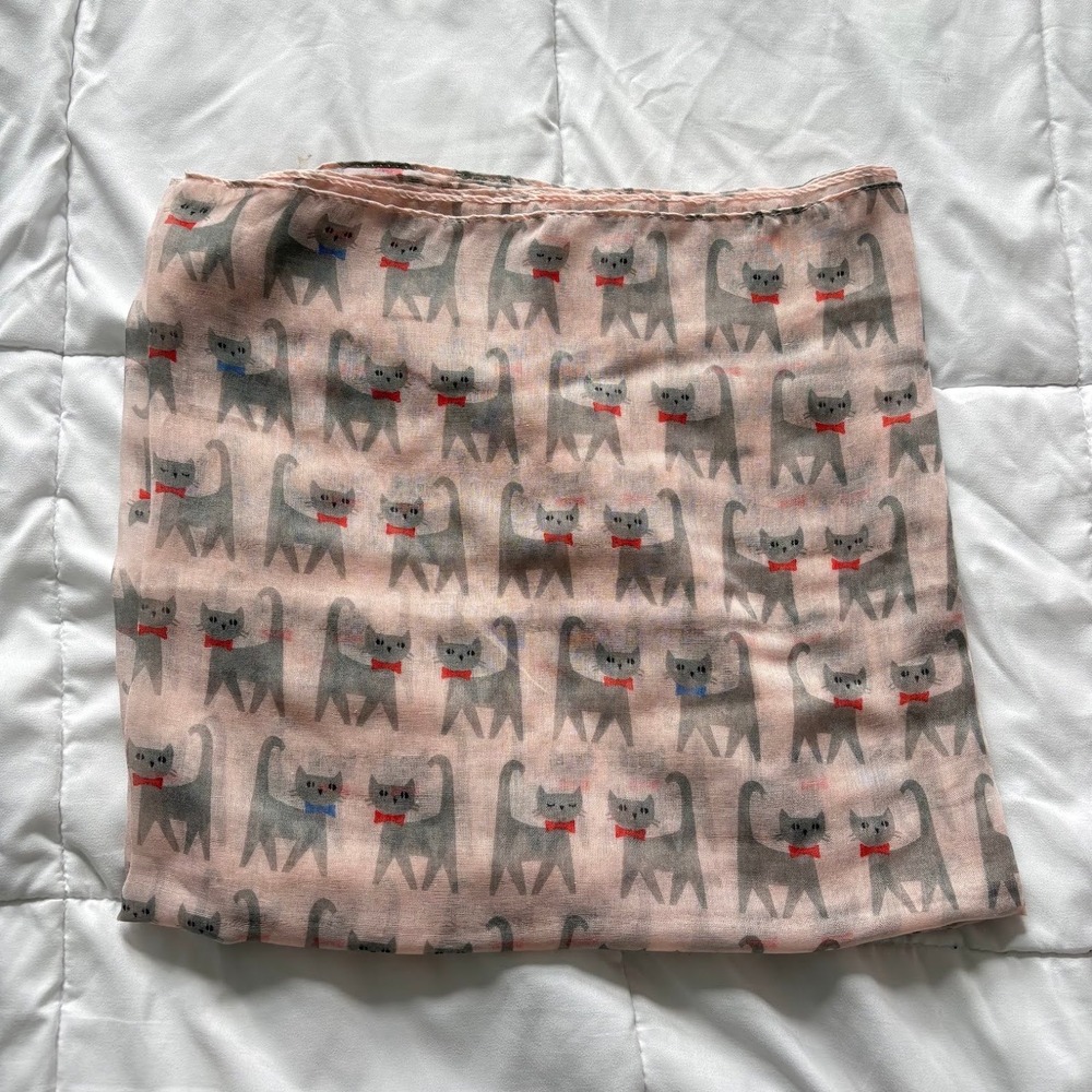 Pink Cat Print Sheer Scarf Grey Cats Bowties Lightweight Oblong Wrap Preppy